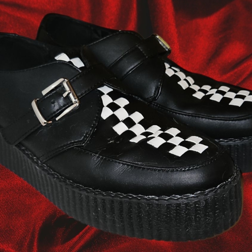 T.U.K. Creepers Leather Black White Platform Shoes Buckles Unisex Mens 10 Wmns13